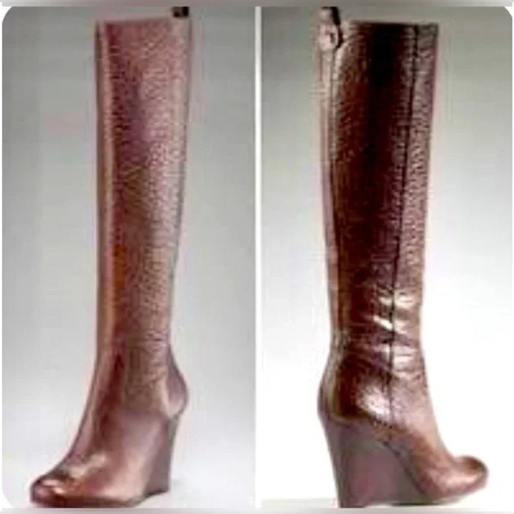 Tory Burch Dark Brown Textured Leather Wedge Knee-High Boots - Picture 2 of 3